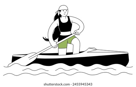 Sports female athlete trains on kayak outline icon. In pose with support on one knee, she paddles. Canoe training. Rowing sprint. Character for sports standings, web, mascot. Vector line illustration.