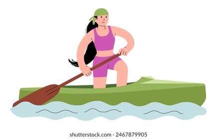 Sports female athlete trains on kayak color icon. In pose with support on one knee, she paddles. Canoe training. Rowing sprint. Character for sports standings, web, mascot. Vector flat illustration.