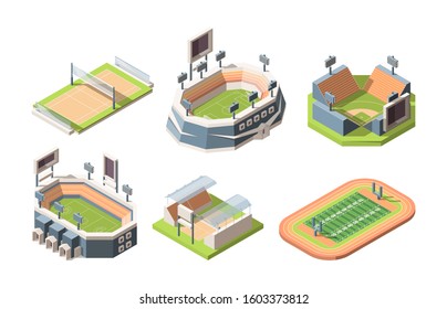 Sports fields, stadiums vector isometric illustrations set