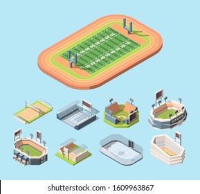 Sports fields and stadiums vector isometric illustrations set