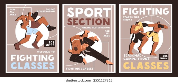 Conjunto de carteles de eventos de peleas deportivas. Publicidad de la escuela de arte marcial. Plantillas de promoción de entrenamiento de lucha libre, lección de boxeo. Competiciones de luchadores, torneos de luchadores. Ilustraciones vectoriales planas