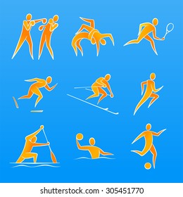 Sports Figures. Simple vector figures of an athletes, pictured in line-art style. Sports: Boxing, Wrestling, Tennis, Speed Skating, Slalom, Athletics, Canoeing, Waterpolo, Football/Soccer.