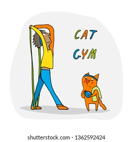 Sports, fitness, cartoon characters. Healthy lifestyle. Gym, fitness club banner, notebooks, labels, accessories. 