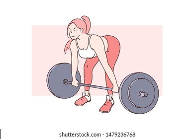 Sports fitness concept young athletic woman performing bodybuilder exercises. Sports confident girl is ready to win on an allimpiade. Healthy lifestyle, be fit and lose weight. Simple flat vector.