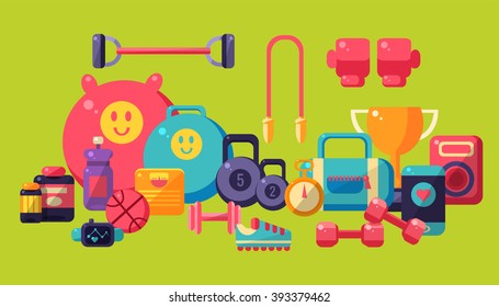 Sports And Fitness Equipment Collection Lined Horisontally Flat Vector Ilustration On Yellow Background