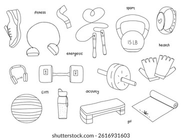 Sports and fitness equipment. Dumbbells, spander, yoga mat, fitness watches and more. Set of items for exercise. Line art, doodle style. Vector