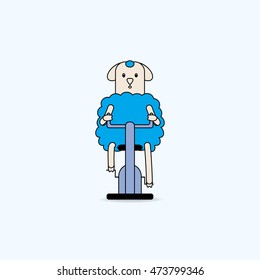 Sports and fitness. Funny cartoon sheep is  training in gym and aerobic class with exercise bicycle. Vector illustration.