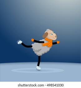 Sports and fitness. Funny cartoon sheep with scarf and mittens is figure skating on ice and having fun on winter holidays. Vector illustration