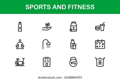 Sports Fitness Line Icon Collection – Unique, Clean, and Stylish Vector Symbols Representing Exercise, Health, Training, and Physical Performance