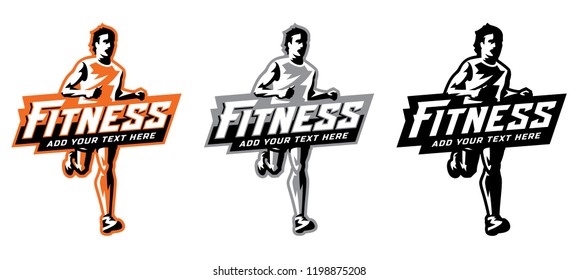 Sports and fitness logo illustration with running man on white background. Grayscale and black/white option included.