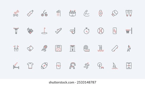 Deportes, fitness y ejercicios físicos para quemar calorías, línea de fuerza muscular conjunto de iconos. Sueño saludable y ejercicio, maratón y buceo, higiene delgada Ilustración vectorial de contorno negro y rojo