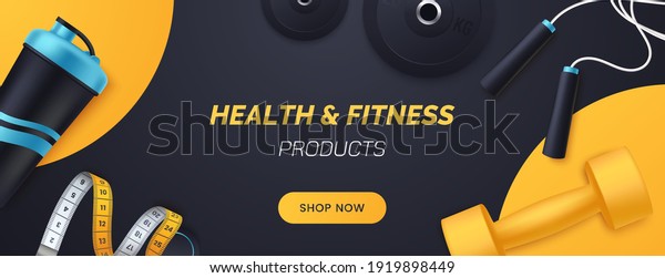 Sports and fitness products banner design.\
Flat lay composition with dumbbells, barbell plates, shaker,\
skipping rope, measuring tape. Advertisement concept for sports\
store. Vector\
illustration.