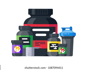 Sports, fitness protein power drink and shaker. Set of bodybuilding sport food.  Jars and bottles with supplements for muscle growth. Vector flat isolated illustration