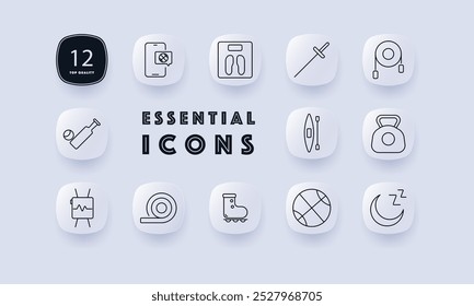 Sports and fitness set icon. Baseball, fencing, kettlebell, and kayak. Depicts various sports equipment and fitness activities for training and recreation