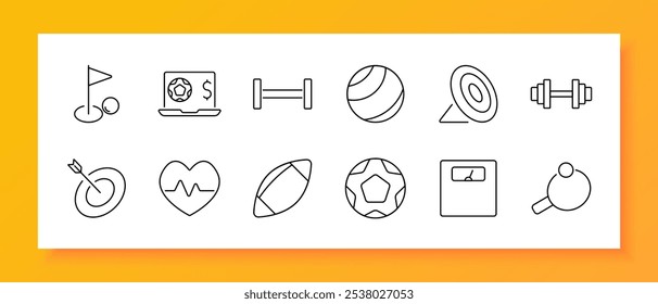 Sports and fitness set icon. Golf hole, sports betting, barbell, basketball, disc, dumbbell, bullseye, heart rate, football, soccer ball, scale, table tennis