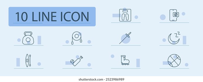 Sports and fitness set icon. Kettlebell, jump rope, fencing sword, scales, fitness tracker, sleep, push-up, roller skates, basketball, sports equipment