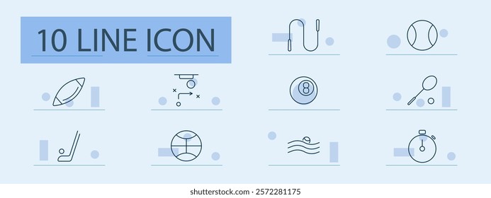 Sports and fitness set icon. Rugby, basketball, swimming, tennis, hockey, jump rope, strategy, stopwatch, training, activity