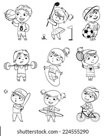 Sports And Fitness. Skipping Rope, Hula Hoop, Golf, Cycle Racing, Weight Lifter, Tennis, Basketball, Football, Baseball. Funny Cartoon Character. Vector Illustration. Coloring Book. Set