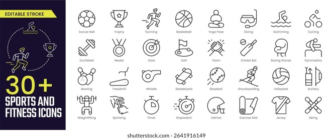 Sports and Fitness Stroke icon collections. Containing Soccer Ball, Basketball, Running, Yoga, Diving, Swimming, Gymnastics, Skateboard, Baseball icons. Editable Stroke icon collection Outline icon