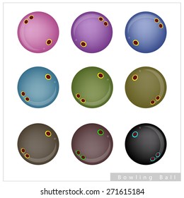 Sports and Fitness symbol, Illustration Collection of 25 Assorted Color Bowling Balls Isolated on A White Background.
