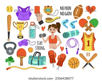 Sports and fitness vector set. Gym accessories for yoga, aerobics, training, running. A girl with dumbbells is exercising. Ping pong paddle, rugby and basketball balls, baseball bat, winner cup