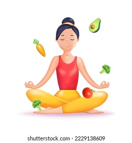 Sports, fitness, yoga 3d. Physical culture and nutrition. Sports. Isolated icons, objects of vegetables with a girl on a transparent background