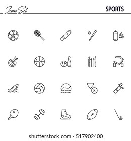 Sports flat icon set. Collection of 20 high quality outline symbols of sports inventory for web design, mobile app. Vector thin line vector icons or logo football, tennis, baseball, basketball, etc.