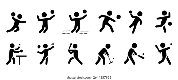 Conjunto de ícones planos de esportes, Ícones de esportes com bola, basquete, vôlei, vôlei de praia, squash, handebol, boliche, tênis de mesa, badminton, beisebol, gateball, críquete e softball vetor icon set.