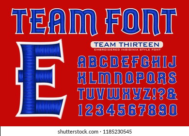 A sports font alphabet with embroidered insignia effects. This team uniform-style lettering is ideal for sports team logos, websites, and printed materials.