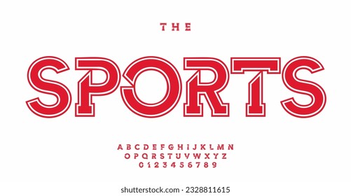 Sports font, slab serif letters and numbers with outline, old-school versatile font for college university sport team t-shirts text, sports logo, headline, modern typographic design. Vector typeset