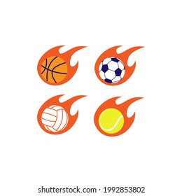 Sports Football Basketball Volleyball Tennis Balls in Fire Burn Burning Vector