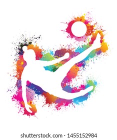 Sports, Football logo design, Colorful paint drops ink splashes, Soccer, Goal, Exercise, Icon, Symbol, Silhouette, Vector illustration on white background.