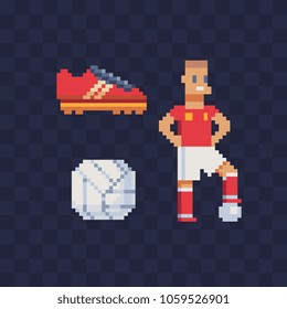 Sports football pixel art icons. Red boots, ball and man football player. Design for sticker, logo shop, mobile app. Game assets 8-bit sprite. Isolated vector illustration.