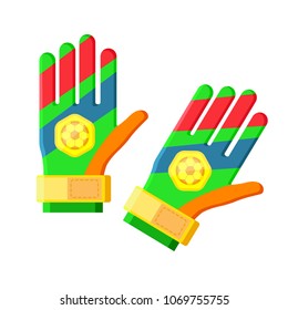 Sports football red green blue futsal soccer colored goalkeeper gloves with ball for playing games, training. Modern flat cartoons style vector illustration icons. Isolated on white background