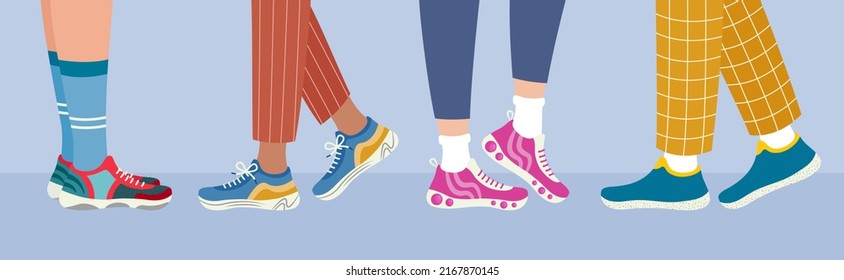 Pancarta de calzado deportivo. Piernas en la vista lateral de las zapatillas. Concepto de estilo de vida saludable. Mujeres y hombres caminando en zapatillas. Actividad diaria. Ilustración vectorial plana.