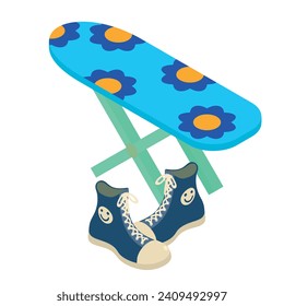 Sports footwear icon isometric vector. Pair of men sneakers and ironing board. Sport shoes
