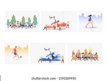 Sports footwear set. Athletes running marathon, skateboarding, playing football. Flat vector illustrations. Sport concept for banner, website design or landing web page