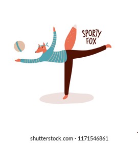 Sports fox doing exercise with ball. Vector illustration. Isolated.
