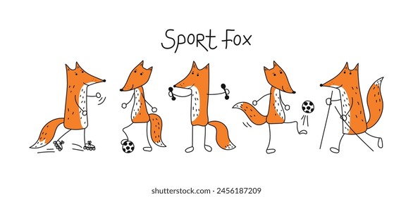 Sports fox. Set of cute animals doing sports. Fox athlete, training, walking, roller skating, gymnastics. Simple vector icons on white isolated background.