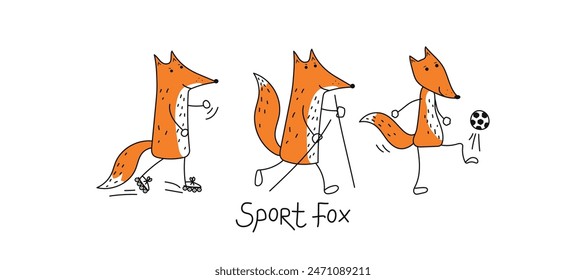 Sports fox. Set of cute animals doing sports. Fox athlete, training, walking, roller skating. Nordic walking. Simple vector icons on white isolated background.