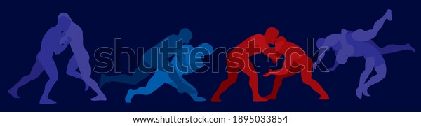 Sports freestyle wrestling. Colored\
silhouettes of wrestling athletes on a dark\
background