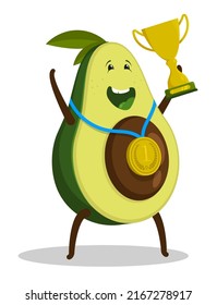 Sports fruit avocado with medal and cup of winner in competitions. Healthy fruits. Cartoon vector character isolated on white background
