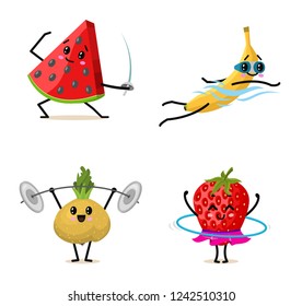 Sports fruit characters. Set of Cute healthy vegetables and funny fberries workout doing exercises. Happy food strawberry banana watermelon turnip. vegetarian vitamin diet and fitness concept.