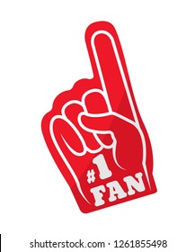 Sports fun red glove of fan. Glove hand, with a raised index finger and lettering. Cheerful sports attributes, symbol of team support in competitions. Vector illustration isolated.