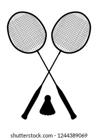 Sports game badminton. Two rackets and a badminton shuttlecock. Stencil dveh racket and shuttlecock in black. 