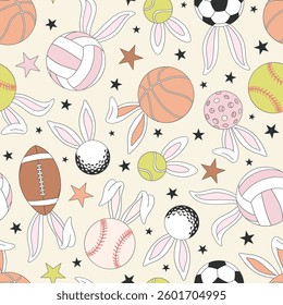 Sports game balls with bunny ears vector seamless pattern. Sporty Easter Spring background.