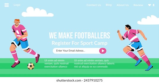 Juegos deportivos y entretenimiento o aficiones. Hacemos futbolistas, nos inscribimos en un campamento deportivo. Futbolistas corriendo, atrapando y pateando la pelota. Plantilla de página de destino del sitio web, sitio en línea. Vector en estilo plano