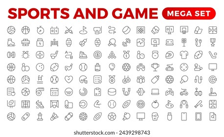 Sports and Game icon set. Hobby and lifestyle line icons collection. Religion, sport, game, fitness, music, cinema icons. UI icon set. Thin outline icons pack. Outline icon collection.