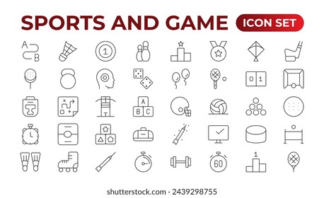 Sports and Game icon set. Hobby and lifestyle line icons collection. Religion, sport, game, fitness, music, cinema icons. UI icon set. Thin outline icons pack. Outline icon collection.