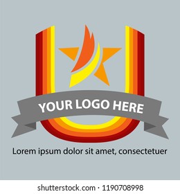 Sports game logo design runner with orange fire yellow star Fast simple athlete figure. web icon, symbol,  action sign, speed logotype, icon objects flat style design vector on gray background.